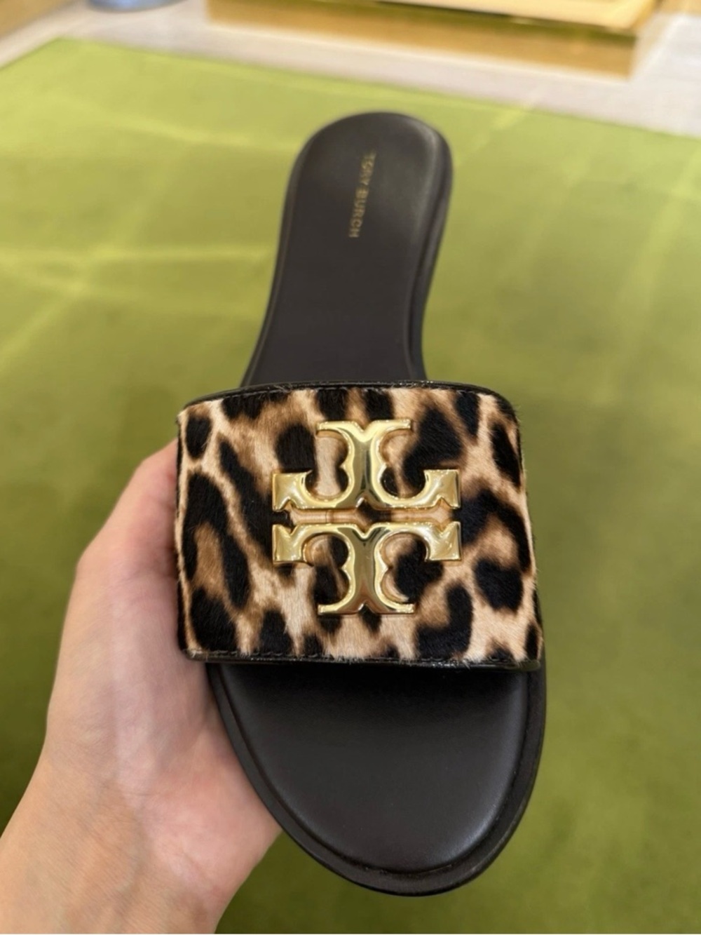 Tory Burch Everly Leopard Haircalf Slide Sandals Gold Double T Size 8